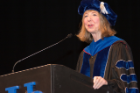 Candace S. Johnson, PhD, president and CEO of Roswell Park Comprehensive Cancer Center, delivers the keynote address at the biomedical sciences commencement ceremony.