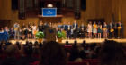Award winners pose during the 2019 Honors Convocation May 3 at the Lippes Concert Hall inside Slee Hall on UB’s North Campus.