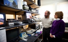 Zoom image: Professors Bruce D. Miller, MD and Betsy L. Wood, PhD in the Child and Family Asthma Study Center monitoring room
