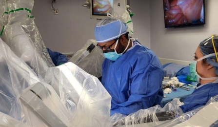 Colorectal surgery fellow performing surgery for medical device clinical trial. 