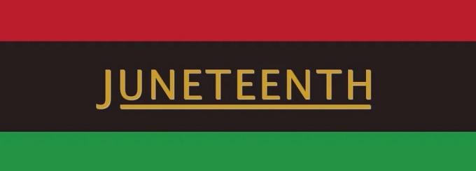 Juneteenth flag: red, black, green stripes reading Juneteenth in gold. 