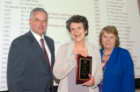 Margarita L. Dubocovich, PhD (right), and Michael E. Cain, MD, presented Linda F. Pessar, MD, with an Excellence Through Inclusion and Cultural Enhancement Award. 