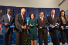 Byron Brown, Jeremy Jacobs, Kathy Hochul, Satish Tripathi, Michael Cain and Laura Reed cut the ribbon.