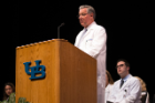 Michael E. Cain, MD, dean of the Jacobs School of Medicine and Biomedical Sciences, addresses the Class of 2021 at the White Coat Ceremony.