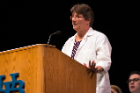 Lynn M. Steinbrenner, MD, associate professor of medicine, addresses the crowd after receiving the Leonard Tow Humanism in Medicine Award. 