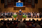 Carolyn A. Wiech, MD, clinical assistant professor of emergency medicine, speaks at the 2018 Honors Convocation ceremony.