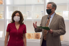 Lt. Gov. Kathy Hochul takes a tour of the Jacobs School of Medicine and Biomedical Sciences, which is preparing for a “modified in-person” educational format when classes resume in the fall. At right is Michael E. Cain, MD, vice president for health sciences and dean of the Jacobs School.