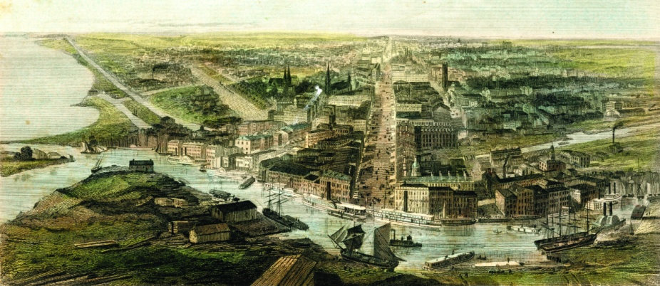 Early lithograph of downtown Buffalo. 