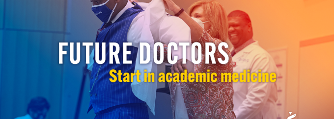 Text says: "Future doctors start in academic medicine" against a backdrop of a student at a White Coat ceremony. 