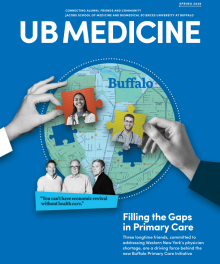 Doctors on jigsaw pieces being held and placed on a map of Buffalo. 