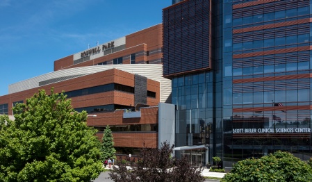 Roswell Park Comprehensive Cancer Center's exterior on a sunny day. 