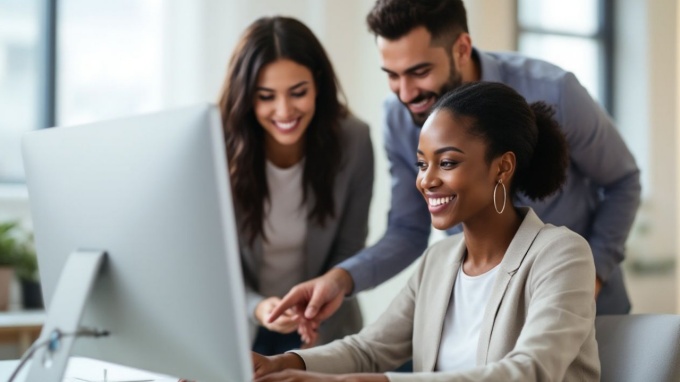 People sit at a computer.