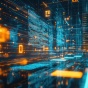 Data screens float in the air. 