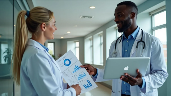 Doctors exchange data in a hallway. 