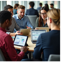A group of people looks at data.