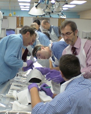 Faculty with students in anatomy lab.