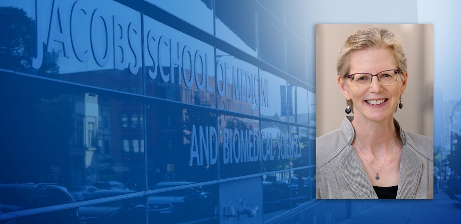 Karen Frank against a Jacobs School background. 