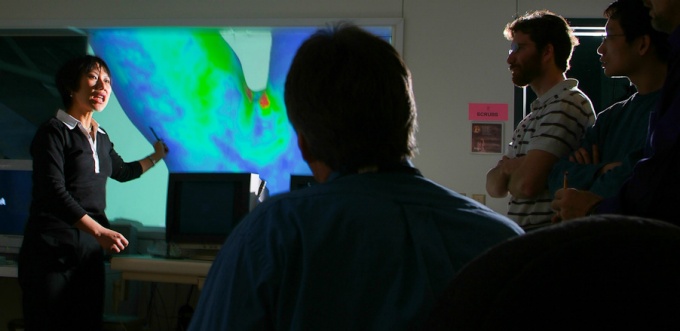 Hui Meng, PhD, of the School of Engineering and Applied Sciences, discusses collaborative research with her lab. 