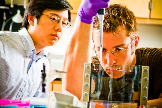 Two students in a lab using pipettes. 