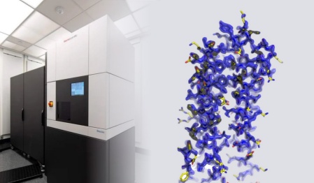 A microscope (at left) and its findings (at right). 