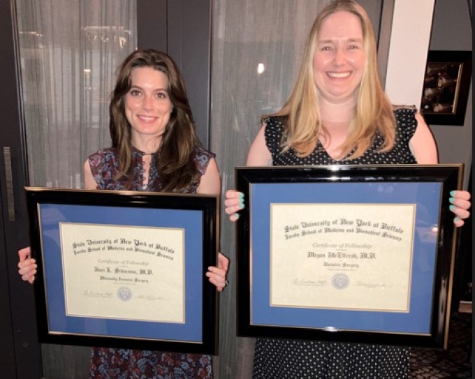 2023-2024 Fellows, Kaci Schiavone, MD (MIS fellow-left) and Megan McElfresh, MD (Bariatric fellow-right) at the 2024 fellowship graduation dinner. 