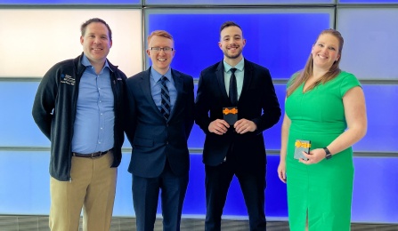 2023 Research Day Winners: vascular fellow Andrew Rogers, surgery residents Joe L'Huillier, medical student Nicco Ruggiero, and surgery resident Carrie Ryan. 