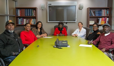 Local kidney health activists, transplant recipients and donors met recently at ECMC with Liise Kayler, UB professor of surgery and head of the ECMC transplant program, and transplant recipient Barbara Breckenridge, founder of Kidney Health Together, to discuss how to raise awareness about kidney health. From left: Richard Clark, veterans advocate and dialysis patient; Aurelia Keaton, living donor; Esmeralda Sierra, Kidney Health Together board member; Breckenridge; Kayler; Tara Fulgham, dialysis social worker; and Helton Briggs, transplant recipient. Photo: Sandra Kicman. 