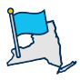 Icon showing New York State with a flag flying over Buffalo. 