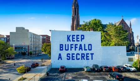 Mural with "Keep Buffalo a Secret" in downtown Buffalo.