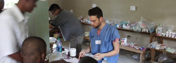 Medical students filling prescriptions in the pharmacy in Haiti. 