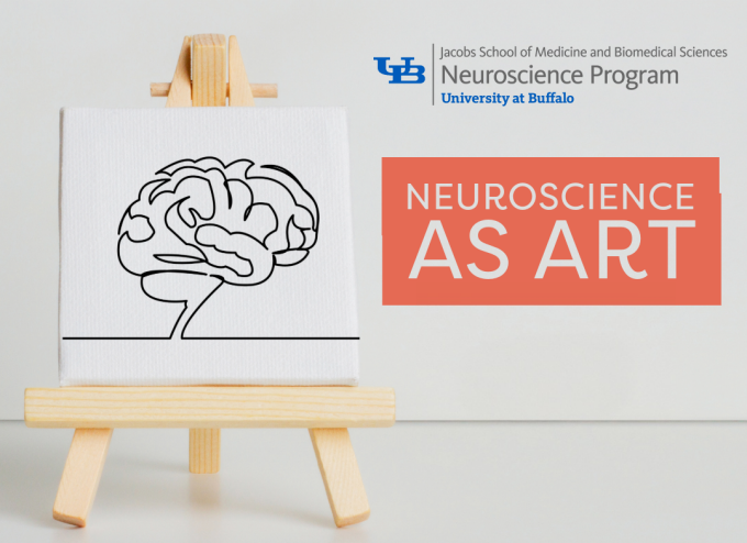 Easel with drawing of brain and event logo. 