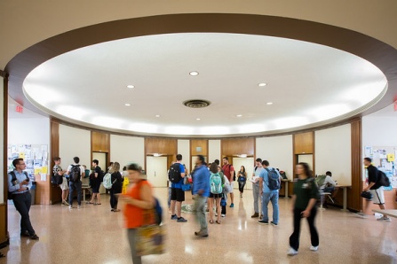 Students waiting outside lecture halls in Diefendroff Hall on South Campus. 