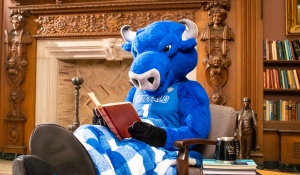 UB Mascot Victor E Bull studying. 