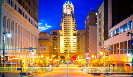 Street view of downtown Buffalo at night.