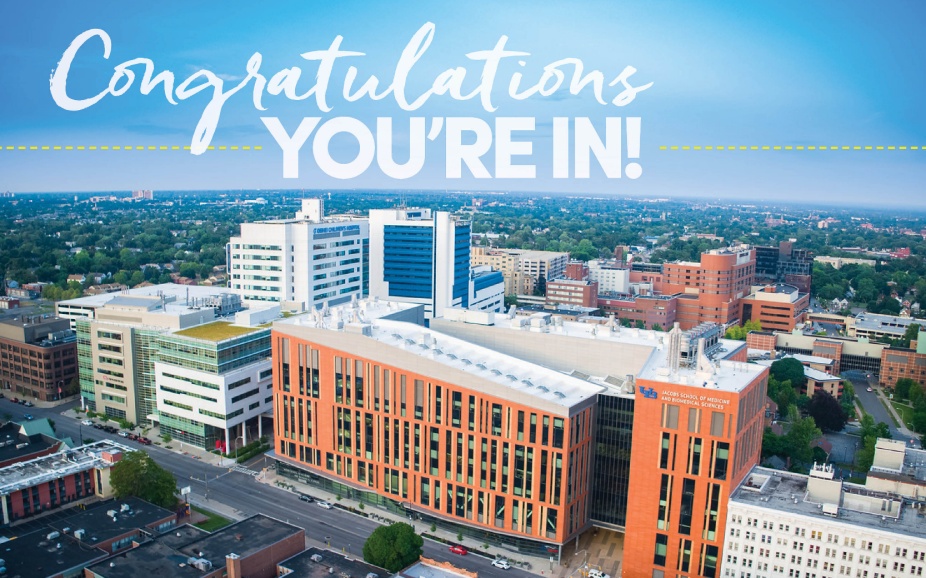 Image of exterior of medical school building with text overlay "Congratulations, you're in!". 