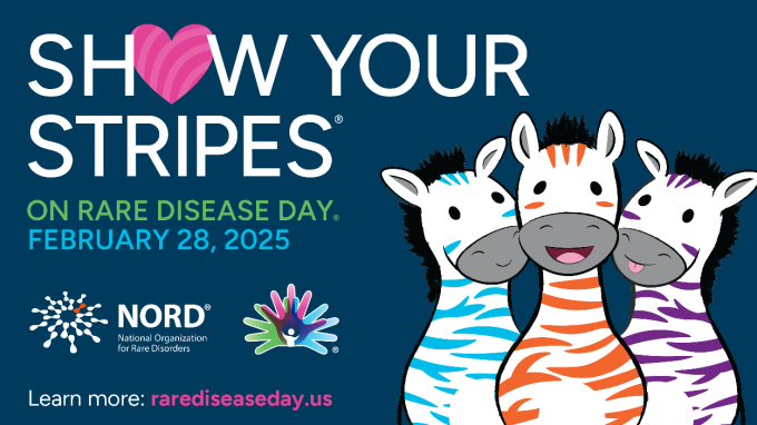 NORD Rare Disease Day poster that says "Show Your Stipes on Rare Disease Day February 28, 2025". 