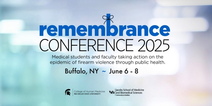 Remembrance Conference logo with tagline "medical students and faculty taking action on the epidemic of firearm violence through public health" in Buffalo, NY from June 6 through June 8. 