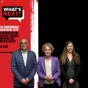 Drs. Milling, Brashear and Greene stand together near the What's Next podcast logo. 