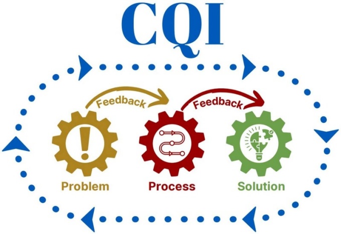 Diagram showing Continuous Quality Improvement process. Three gears showing: problem, process and solution. In between them, there are arrows that read Feedback. The whole diagram is sorrounded by an oval shape with arrows that symbolizes continuous flow. 