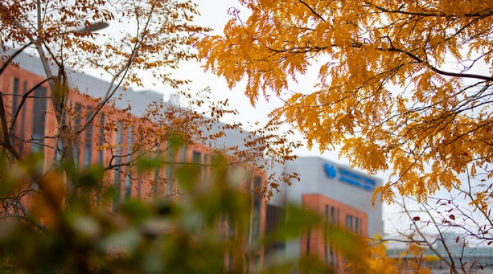 exterior of Jacobs School in the fall. 