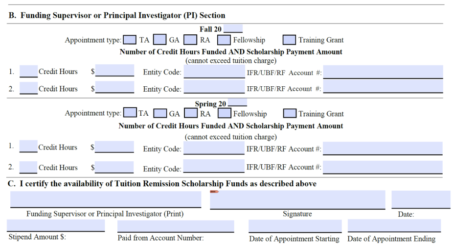 Sections B and C of the form. 