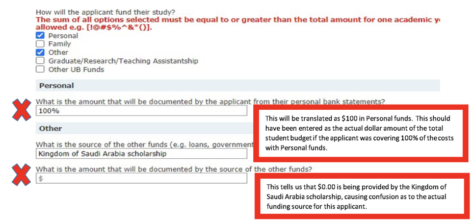 Example of funding fields filled out incorrectly. 