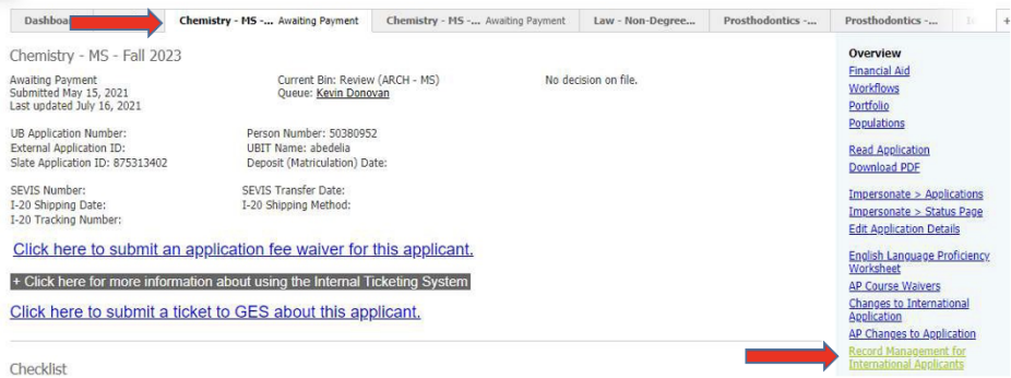 One arrow pointing to a program's tab and another arrow pointing to the Record Management for International Applicants link. 