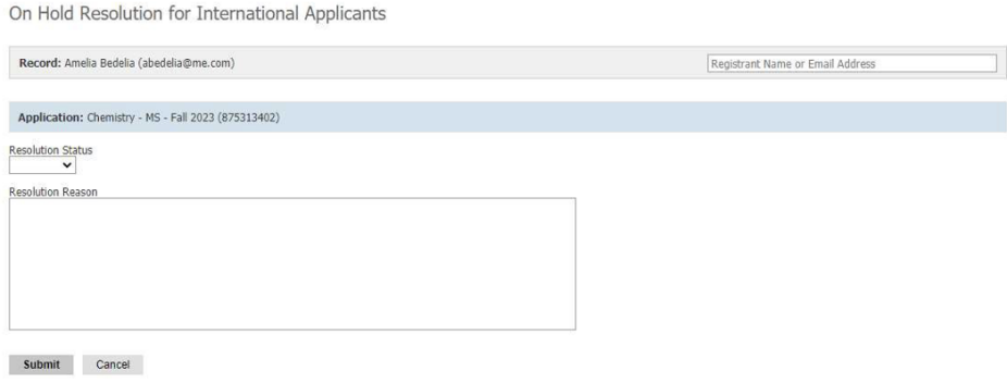 On Hold Resoution for International Applicants page with status and reason fields. 