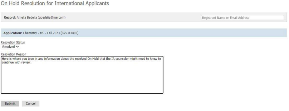 Resolution reason text box showing where the applicant can provide context. 