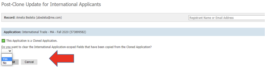 Arrow pointing to the word 'Yes' highlighted in the dropdown selector before submiting. 