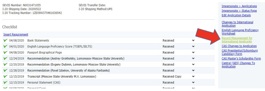Arrow pointing to the Record Management for International Applicants link. 
