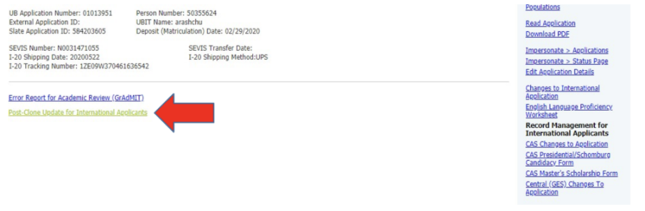 Arrow pointing to the Post-Clone Update for International Applicants link. 