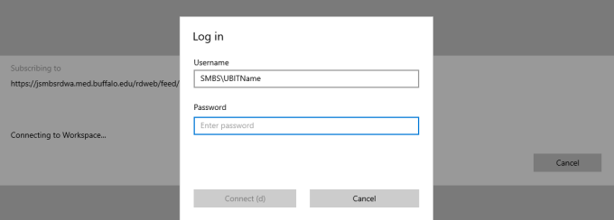 Zoom image: Image of the Workspace Log in. NOTE: your user name needs to include a domain. The domain in this case is "SMBS\"