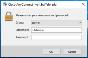 Zoom image: 3. Select UBVPN from the drop down list and enter your UBITname and UBIT password, then click OK and Accept. 